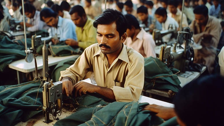 Male workers in Bangladesh textile factory sewing with industrial sewing machines